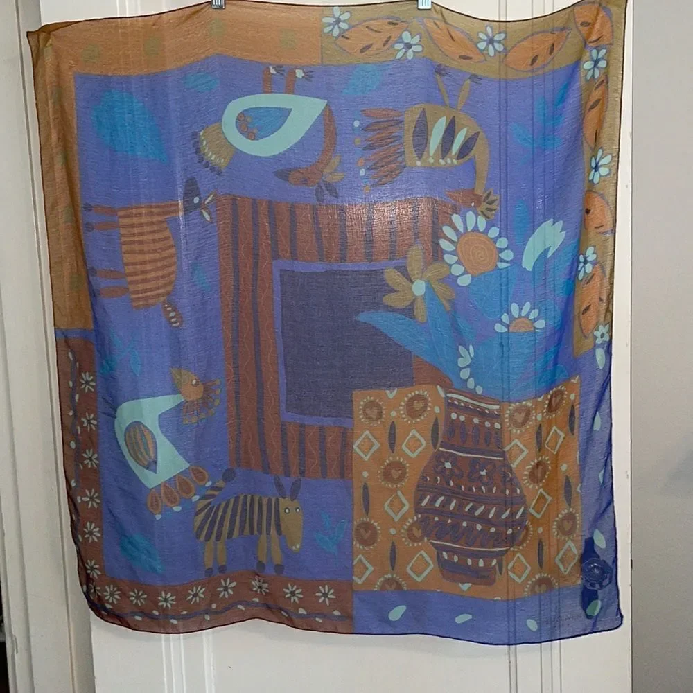 Vintage large Pier Olivier Paris blue, orange & purple‎ semi sheer square scarf